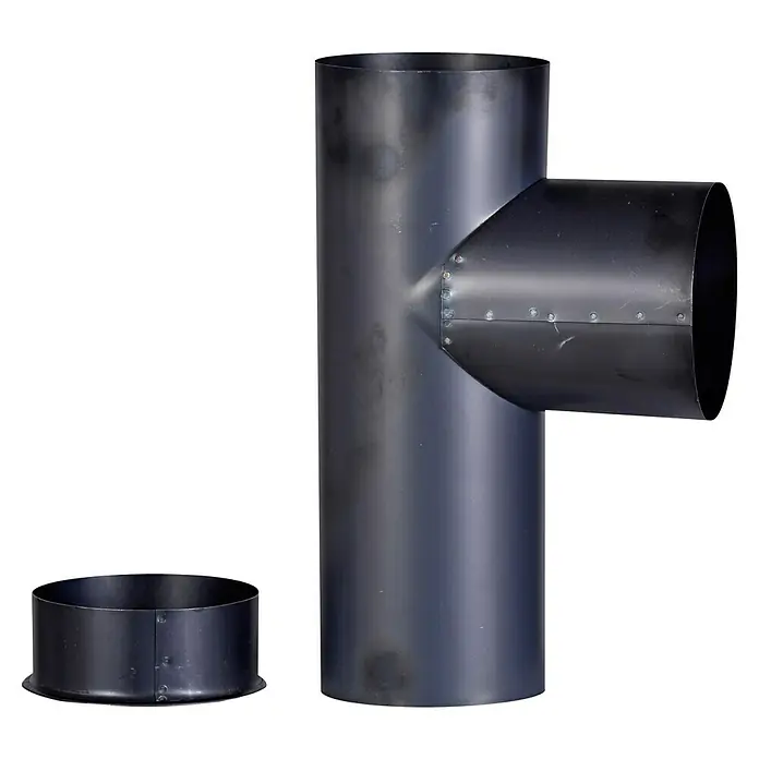Firefix Kapselknie - Durchmesser: 120 mm, Feueraluminiert, Blauglanz - Schwarzes Rauchrohr T-Stück und Rosette für Kaminöfen. Perfekt für den sicheren Abtransport von Rauchgasen im Heizsystem.