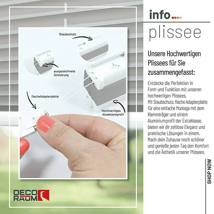 Deco-Raum Plissee ohne Bohren Basic - B x H: 120 x 150 cm, Silber - Hochwertiges Plissee im Detail: Staubschutz, flache Adapterplatte und ausgezeichnete Schnürung für einfache Montage und zeitlose Eleganz.