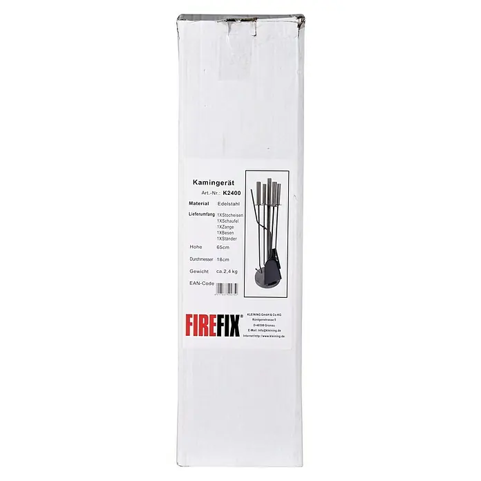 Firefix Kamingarnitur - 5 -tlg., Stahl/Edelstahl, Höhe: 65 cm - Produktverpackung eines FIREFIX Kamingarnitur-Sets aus Edelstahl, bestehend aus Schaufel, Besen, Zange, Schürhaken und Ständer.