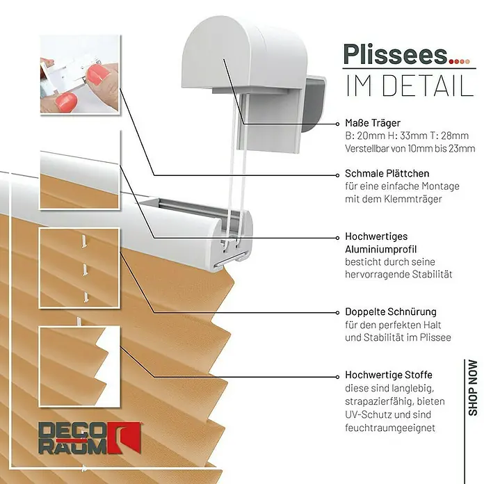Deco-Raum Plissee ohne Bohren Basic - B x H: 105 x 150 cm, Cappuccino - Detailansicht eines beigefarbenen Plissees mit weißen Beschlägen und Hinweisen zu den Produkteigenschaften.