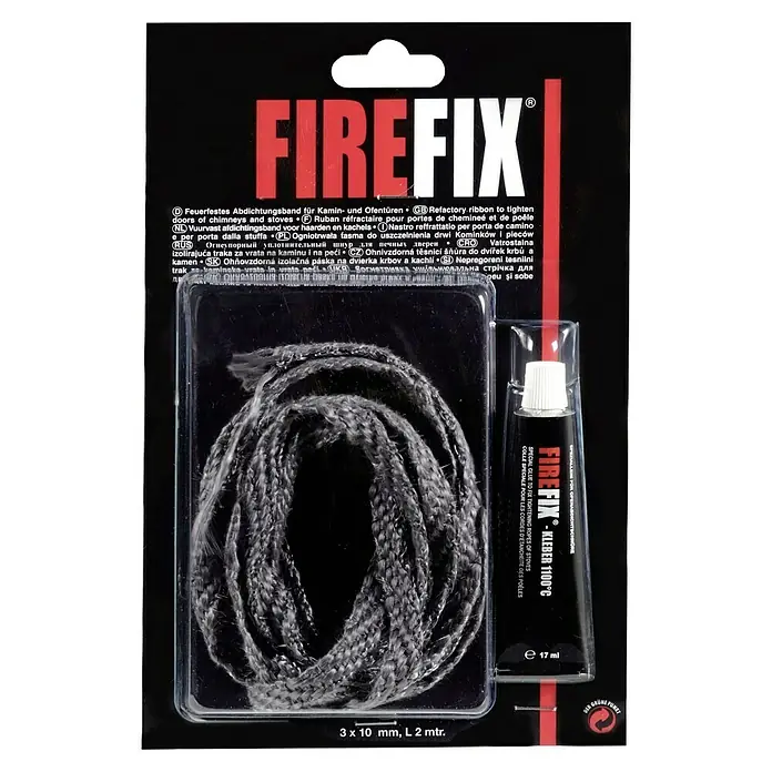 Firefix Ofendichtschnur - L x S: 2 m x 3 mm - FIREFIX Dichtungsband für Kamin- und Ofentüren, feuerfest, zur Abdichtung von Öfen und Kaminen, inklusive Spezialkleber für die Montage.