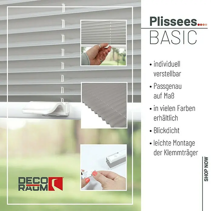 Deco-Raum Plissee ohne Bohren Basic - B x H: 70 x 210 cm, Silber - Das Bild zeigt ein Plissee Basic von Deco Raum, das individuell verstellbar, passgenau und in vielen Farben erhältlich ist. Blickdicht und leicht zu montieren.