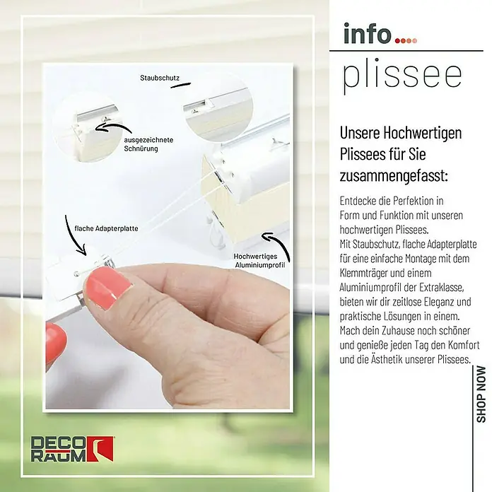 Deco-Raum Plissee ohne Bohren Basic - B x H: 105 x 150 cm, Vanille - Detailansicht eines hochwertigen Plissees mit Staubschutz, flacher Adapterplatte und Aluminiumprofil für einfache Montage und zeitlose Eleganz.