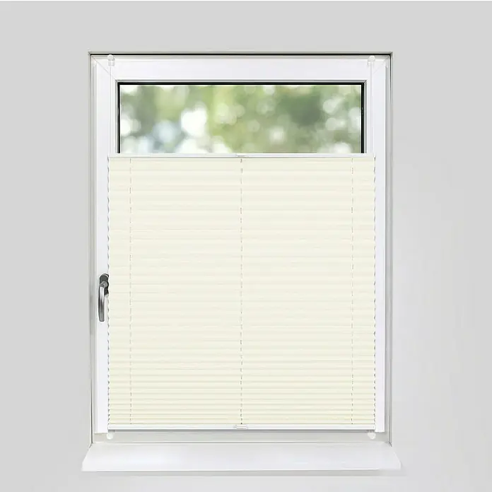 Deco-Raum Plissee ohne Bohren Basic - B x H: 105 x 150 cm, Vanille - Fenster mit cremefarbenen Plissees, die das Licht filtern und Privatsphäre bieten. Ideal für jedes Zuhause.