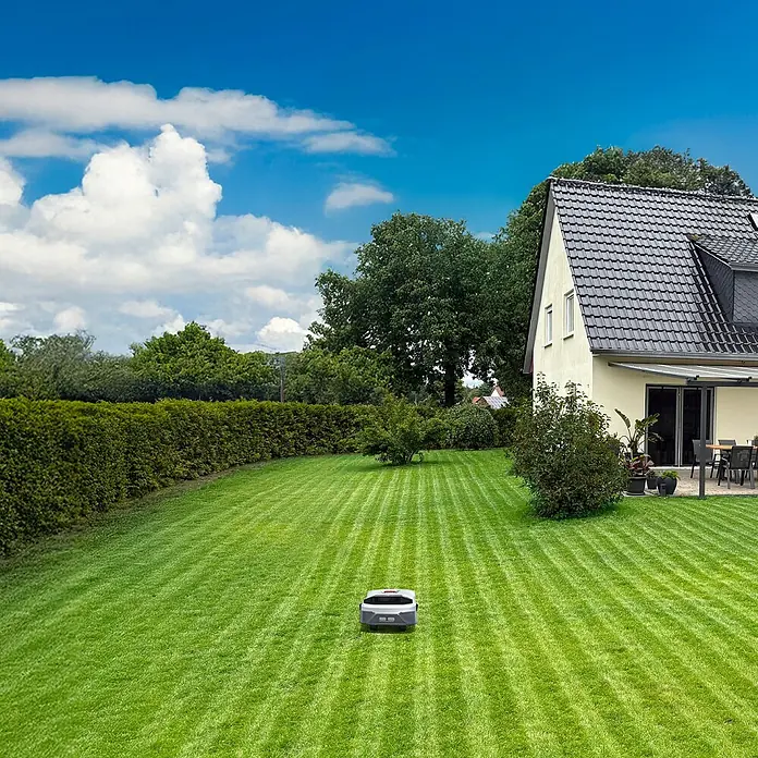 Anthbot Mähroboter Genie 3000 - 3.600 m², Schnittbreite: 20 cm, Satellitengestützte Navigation, RTK - Ein Rasenmähroboter auf einem gepflegten Rasen vor einem Haus an einem sonnigen Tag.