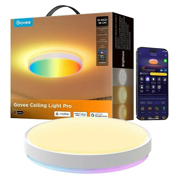 Govee LED-Deckenleuchte rund - 24 W, Weiß, RGBW, Durchmesser: 38,1 cm - Das Govee Ceiling Light Pro ist eine intelligente Deckenleuchte mit App-Steuerung und verschiedenen Lichtszenen. Geeignet für Wohn-, Schlafzimmer.