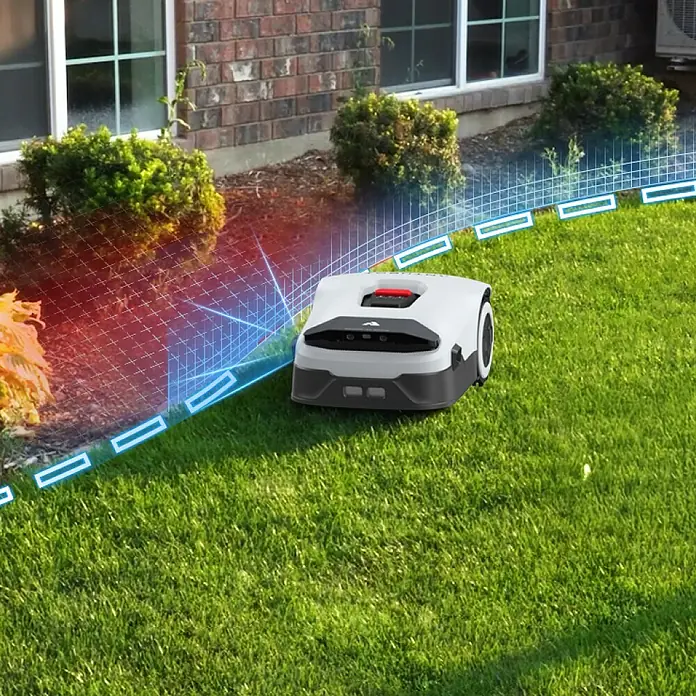 Anthbot Mähroboter Genie 3000 - 3.600 m², Schnittbreite: 20 cm, Satellitengestützte Navigation, RTK - Bild eines Rasenmähroboters, der von einem virtuellen Zaun umgeben ist.