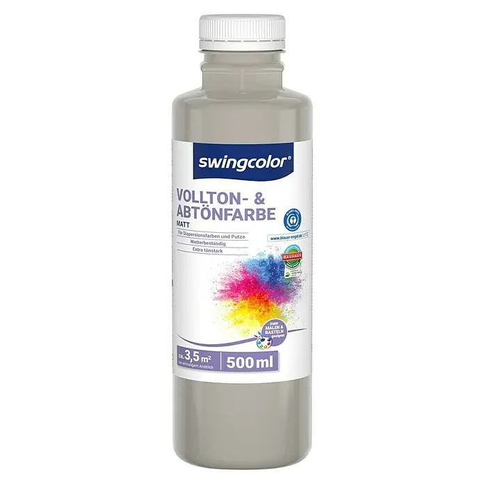 swingcolor Vollton- & Abtönfarbe - Grau, Matt, 500 ml, Konservierungsmittelfrei - Bild einer 500-ml-Flasche Swingcolor Vollton- & Abtönfarbe, geeignet für Dispersionsfarben und Putze.