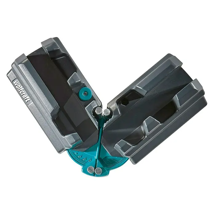 Wolfcraft Caja para ingletes 6948200 - L x An x Al: 35,3 x 14 x 10 cm - Esta imagen muestra una caja de ingletes Wolfcraft utilizada para cortar ángulos con precisión. Es azul, gris y negra y está sobre un fondo blanco.