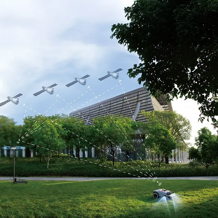 Anthbot Mähroboter Genie 3000 - 3.600 m², Schnittbreite: 20 cm, Satellitengestützte Navigation, RTK - Bild eines Rasenmähroboters in einem grünen Park, der von Satelliten und einer Basisstation aus gesteuert wird.