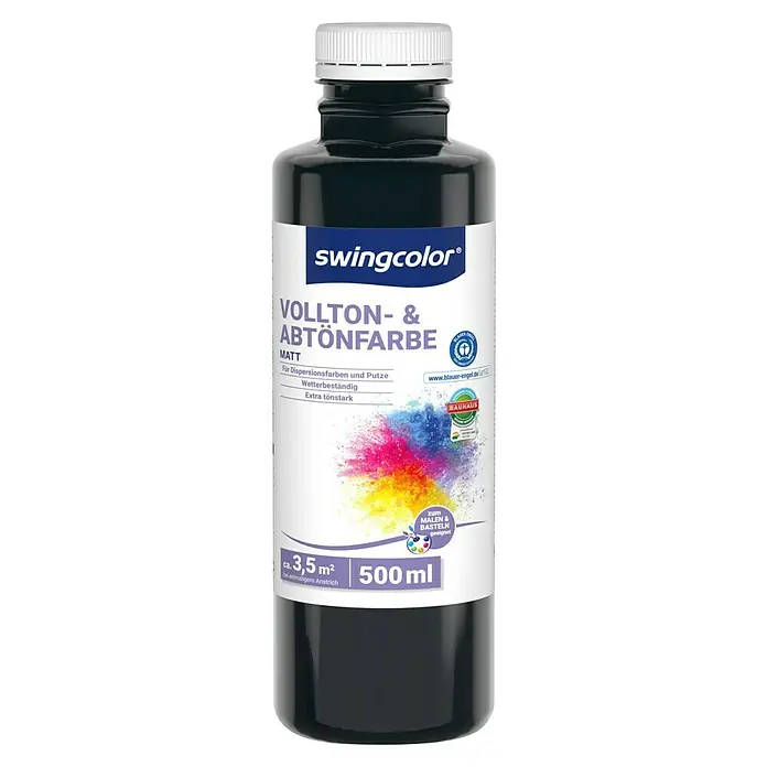 swingcolor Vollton- & Abtönfarbe - Schwarz, Matt, 500 ml, Konservierungsmittelfrei - Flasche Swingcolor Vollton- & Abtönfarbe Matt mit 500ml Inhalt, geeignet zum Malen und Basteln.
