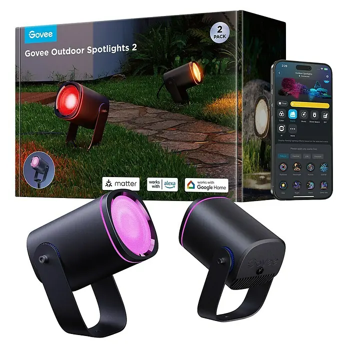 Govee LED-Außenstrahler - 24 W, IP67, Höhe: 30,6 cm - Das Bild zeigt eine Produktaufnahme von Govee Outdoor Strahlern 2er-Pack, mit farbiger Beleuchtung und Smart Home Integration.
