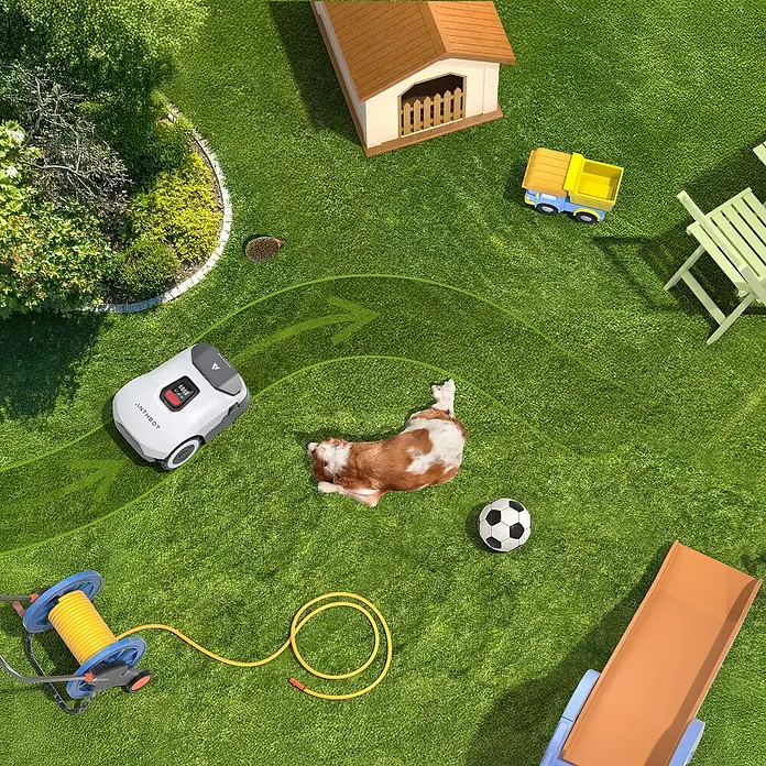 Anthbot Mähroboter Genie 3000 - 3.600 m², Schnittbreite: 20 cm, Satellitengestützte Navigation, RTK - Dieser Rasenmähroboter sorgt für einen gepflegten Rasen, während der Hund entspannt. Perfekt für jeden Garten!