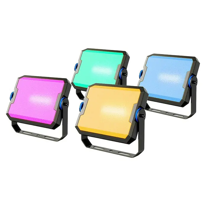 Govee LED-Außenstrahler - 48 W, L x B x H: 14,8 x 7,24 x 6,89 cm, Schwarz, IP66 - Dieses Bild zeigt eine Reihe von LED-Panels mit verschiedenen Farben, die eine vielseitige Beleuchtungslösung bieten.