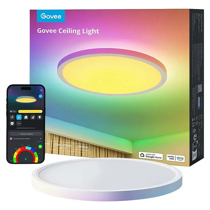 Govee LED-Deckenleuchte rund - 24 W, Weiß, RGBW, Durchmesser: 30,48 cm - Ein Govee Deckenlicht-Produktbild, das die intelligente LED-Deckenleuchte und ihre Verpackung zeigt.