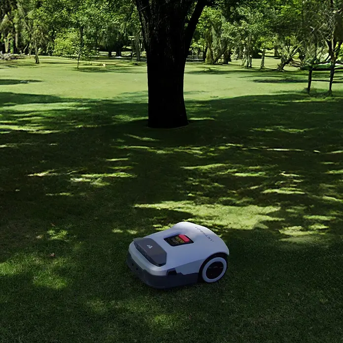 Anthbot Mähroboter Genie 3000 - 3.600 m², Schnittbreite: 20 cm, Satellitengestützte Navigation, RTK - Ein Anthrobot Rasenmäher Roboter mäht den Rasen unter einem Baum und sorgt für einen gepflegten Garten.