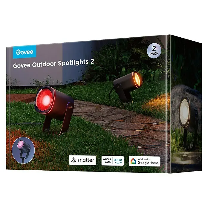 Govee LED-Außenstrahler - 24 W, IP67, Höhe: 30,6 cm - Das Bild zeigt die Verpackung der Govee Outdoor Spotlights 2, ein 2er-Pack, kompatibel mit Matter, Alexa und Google Home.