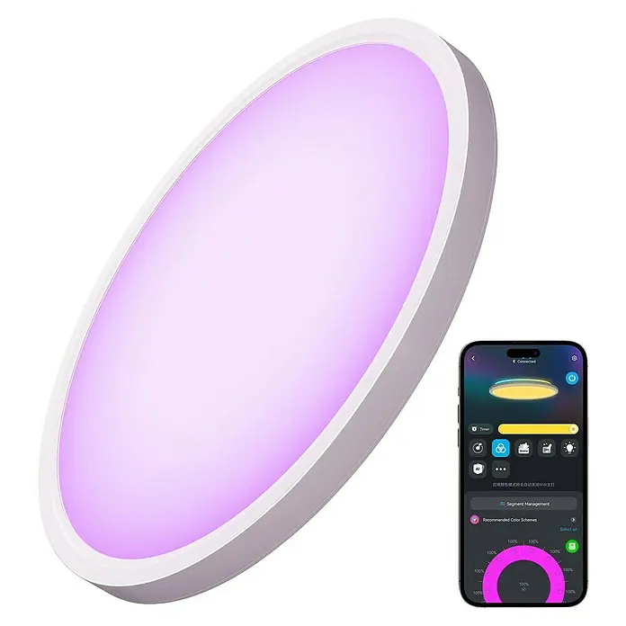 Govee LED-Deckenleuchte rund - 24 W, Weiß, RGBW, Durchmesser: 30,48 cm - Diese Aufnahme zeigt eine moderne LED-Deckenleuchte mit Smartphone-Steuerung, die eine stimmungsvolle Beleuchtung bietet.