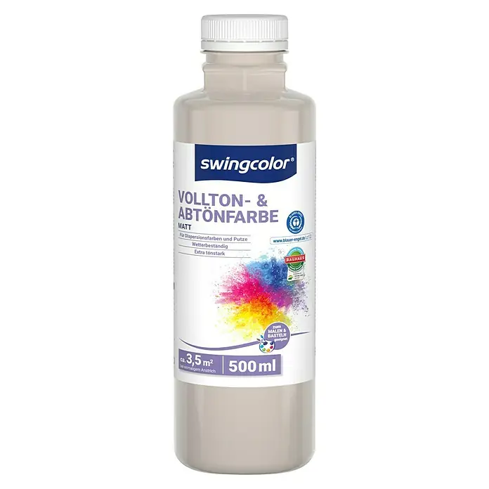 swingcolor Vollton- & Abtönfarbe - Zinngrau, Matt, 500 ml, Konservierungsmittelfrei - Eine Flasche Swingcolor Vollton- & Abtönfarbe Matt mit 500 ml Inhalt, ideal zum Abmischen von Dispersionsfarben und Putzen.