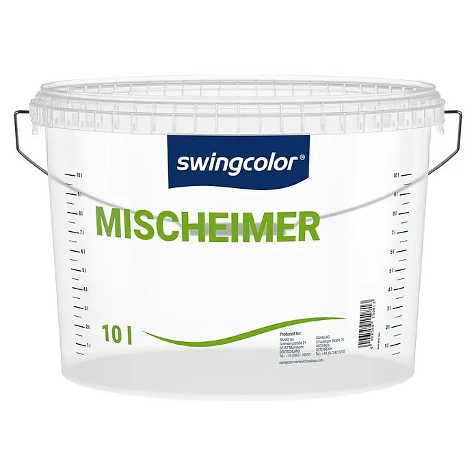 swingcolor Leer-Mischeimer mit Deckel - 10 l - Ein weißer 10-Liter-Eimer "swingcolor Mischeimer" mit Messskala, ideal zum Anmischen von Farben und Lacken.