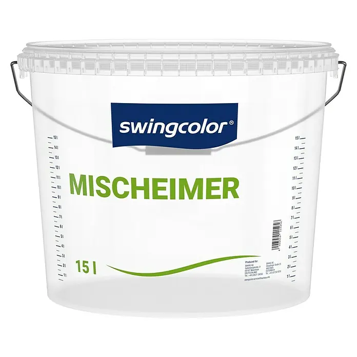 swingcolor Leer-Mischeimer - Oval, 15 l - Eimer Swingcolor Farbe, 15 Liter. Der Farbeimer ist weiß und hat einen blauen Aufdruck mit dem Swingcolor Logo und dem Wort Misceheimer.