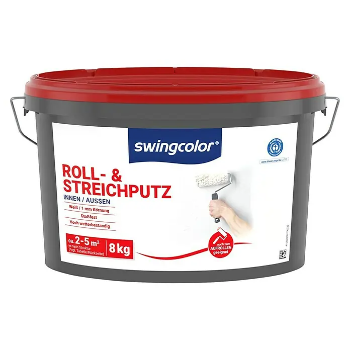 swingcolor Dekoputz Roll- & Streichputz - Weiß, Körnung: 1 mm, 8 kg, Konservierungsmittelfrei - Ein grauer Eimer Swingcolor Roll- und Streichputz für den Innen- und Außenbereich, mit rotem Deckel, für strukturierte Oberflächen.