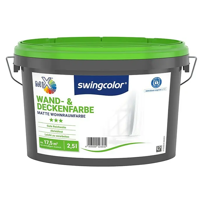 swingcolor Mix Wandfarbe Wand- & Deckenfarbe zum Mischen lassen - Basismischfarbe 4, Matt, 2,5 l, Konservierungsmittelfrei - Dose Swingcolor Wand- & Deckenfarbe, matte Wohnraumfarbe mit blauem Engel Umweltzeichen, Inhalt 2,5l, geeignet für ca. 17,5 m² bei einmaligem Anstrich.