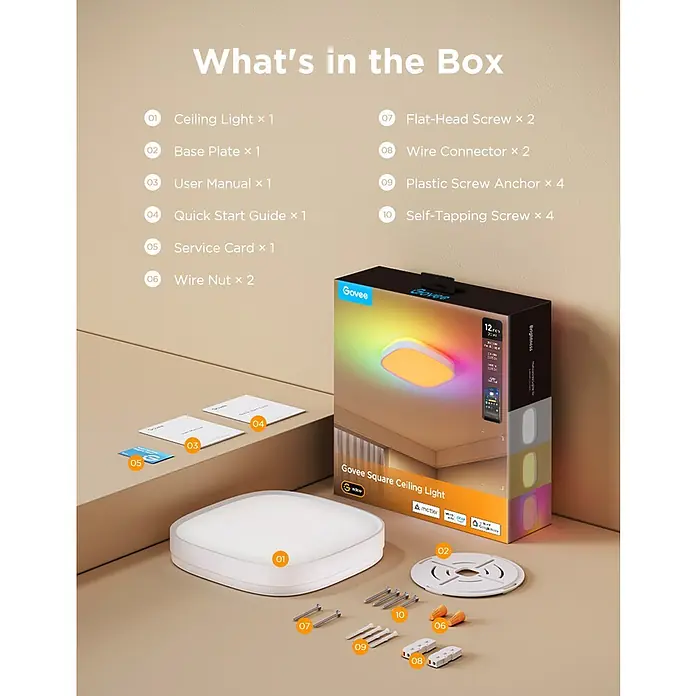 Govee LED-Deckenleuchte - 24 W, L x B x H: 30,48 x 30,4 x 3 cm, Weiß - Das Bild zeigt eine Govee Square Deckenleuchte mit Zubehör, inklusive Schrauben,Anleitung, Basisplatte und Servicekarte, ideal für stimmungsvolle Beleuchtung.