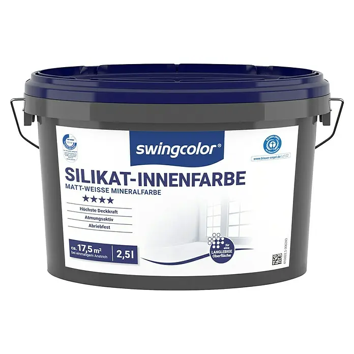 swingcolor Wandfarbe Silikat-Innenfarbe - Weiß, Matt, 2,5 l, Konservierungsmittelfrei - Abbildung eines Eimers Swingcolor Silikat-Innenfarbe, mattweiß, mit hoher Deckkraft und Atmungsaktivität, ideal für langlebige Oberflächen.