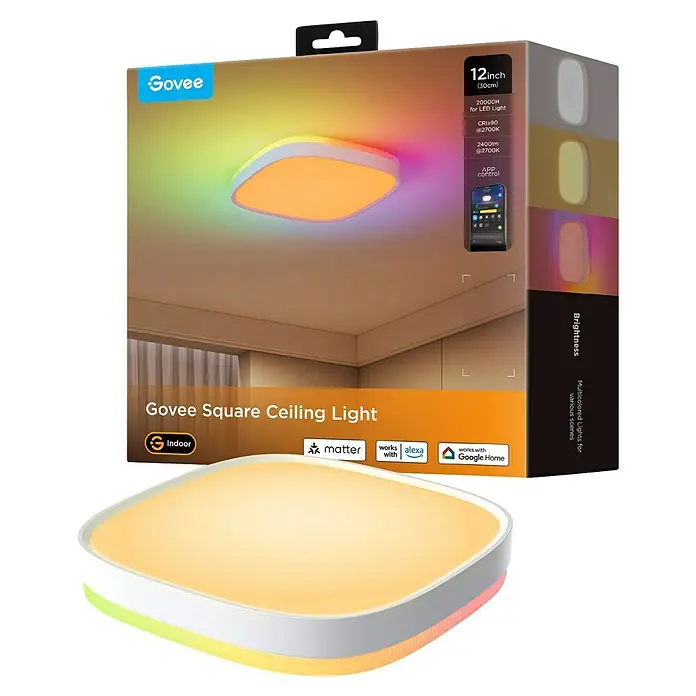 Govee LED-Deckenleuchte - 24 W, L x B x H: 30,48 x 30,4 x 3 cm, Weiß - Das Bild zeigt eine Govee Square Deckenleuchte, eine intelligente Beleuchtungslösung mit verschiedenen Funktionen wie App-Steuerung und Farbanpassung.