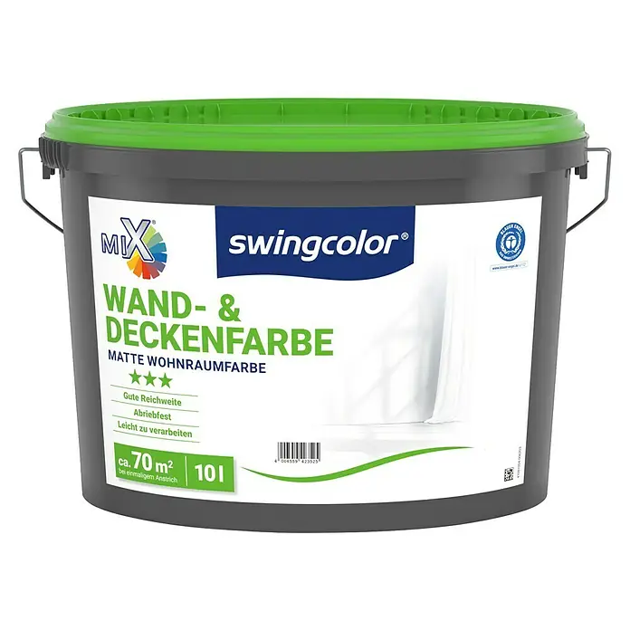 swingcolor Mix Wandfarbe Wand- & Deckenfarbe zum Mischen lassen - Basismischfarbe 4, Matt, 10 l, Konservierungsmittelfrei - Ein grauer Farbeimer "Wand- & Deckenfarbe" von Swingcolor mit grünem Deckel, ideal für matte Wohnräume. Reichweite ca. 70 m², Inhalt 10 Liter.