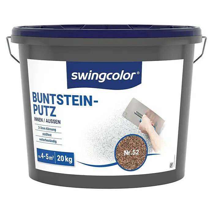 swingcolor Buntsteinputz - Korngröße: 2 - 3 mm, 20 kg, Nr. 52 - Eimer mit Swingcolor Buntstein-Putz Nr. 52 für Innen- und Außenbereich. Körnung 2-3mm, stoßfest und wetterbeständig, 20kg für ca. 4-5m².