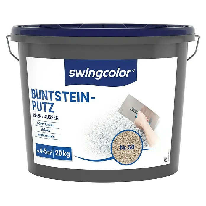 swingcolor Buntsteinputz - Korngröße: 2 - 3 mm, 20 kg, Nr. 50 - Bild eines Eimers Swingcolor Buntstein-Putz, geeignet für Innen- und Außenbereiche, mit einer Körnung von 2-3mm und einem Gewicht von 20kg.
