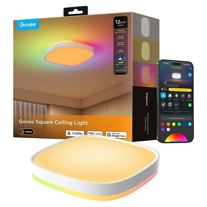 Govee LED-Deckenleuchte - 24 W, L x B x H: 30,48 x 30,4 x 3 cm, Weiß - Eine Govee Square Deckenleuchte mit Smart Home Integration und Farbfunktionen für eine individuelle Beleuchtung.