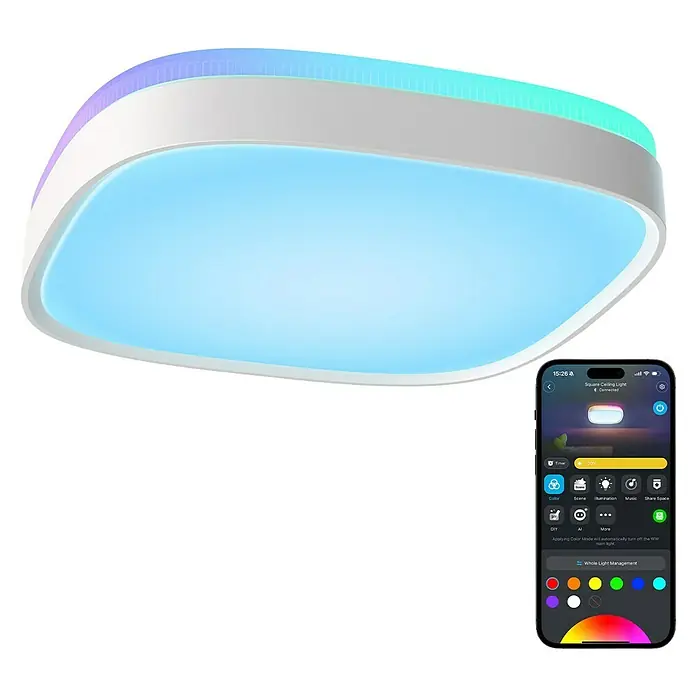 Govee LED-Deckenleuchte - 24 W, L x B x H: 30,48 x 30,4 x 3 cm, Weiß - Aufnahme einer intelligenten quadratischen Deckenleuchte mit Farbwechsel und einem Smartphone zur Steuerung der Lichtfarben.