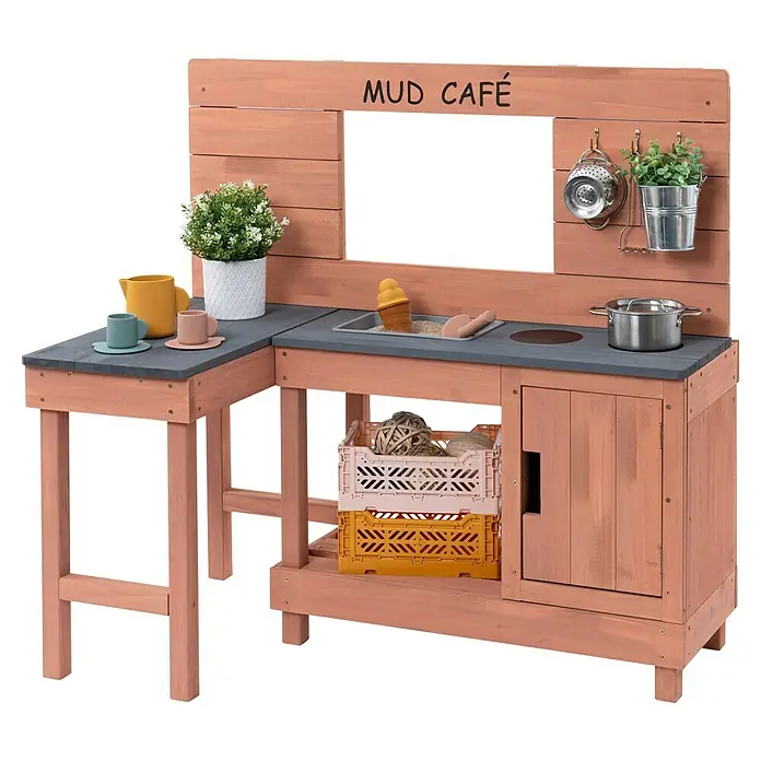 Muddy Buddy Matschküche Coffee Corner - 100 x 60 x 95 cm, Holz, Puderrosa - Outdoor-Spielküche "Mud Café" aus Holz mit Arbeitsfläche, Spüle und Zubehör für fantasievolles Spielen im Garten.