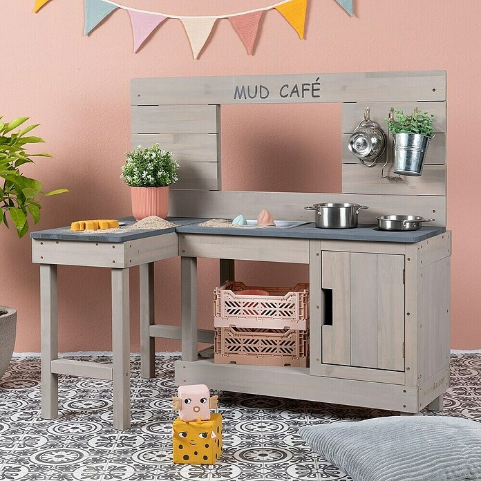Muddy Buddy Matschküche Coffee Corner (100 x 60 x 95 cm, Holz, Warmgrau) | BAUHAUS