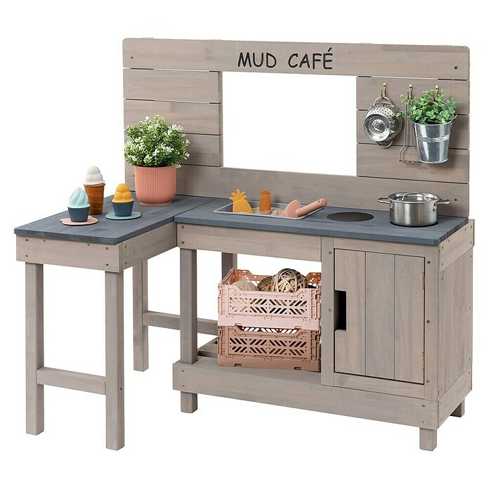 Muddy Buddy Matschküche Coffee Corner (100 x 60 x 95 cm, Holz, Warmgrau) | BAUHAUS