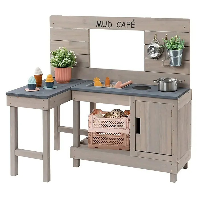 Muddy Buddy Matschküche Coffee Corner - 100 x 60 x 95 cm, Holz, Warmgrau - Eine graue Kindermatschküche mit Zubehör. Der ideale Spielplatz für kleine Köche im Freien.