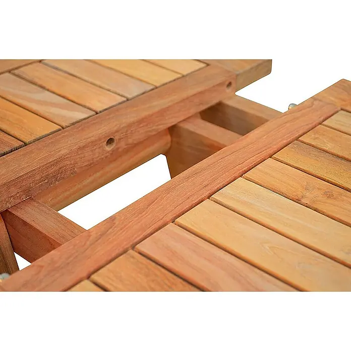 Kai Wiechmann Garten-Beistelltisch - Teakholz, Klappbar, Rund, Naturbelassen - Detailansicht eines Holztisches mit Ausziehfunktion, der die hochwertige Verarbeitung und das natürliche Material hervorhebt.
