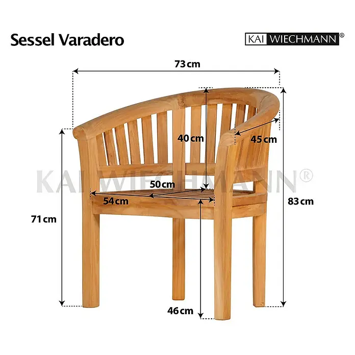Kai Wiechmann Gartensessel - Naturbelassen, Teakholz - Abbildung eines "Sessel Varadero" Sessels mit Maßangaben zu Länge, Höhe und Tiefe.