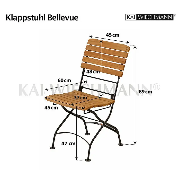 Kai Wiechmann Gartenstuhl - Teakholz, Klappbar, Naturbelassen, B x T x H: 45 x 60 x 89 cm - Abbildung eines Klappstuhls "Bellevue" der Marke KAI WIECHMANN mit detaillierten Maßangaben zu Sitzfläche, Rückenlehne und Gesamthöhe.