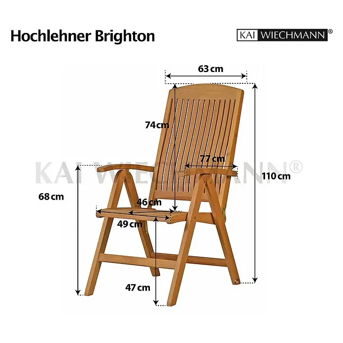 Kai Wiechmann Gartenstuhl - Teakholz, Klappbar, Naturbelassen, B x T x H: 63 x 77 x 110 cm - Abbildung eines Hochlehner Brighton Gartenstuhls mit Maßangaben. Der Stuhl ist aus Holz gefertigt und hat eine hohe Rückenlehne.