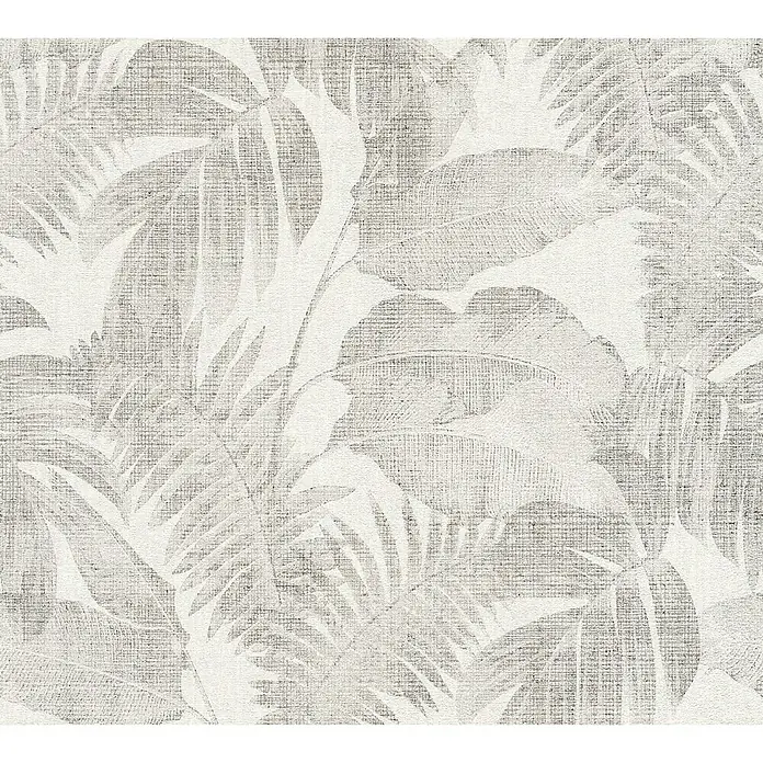 A.S. Création New Walls Vliestapete Dschungel - Grau, Floral, 10,05 x 0,53 m - Grauer und weißer Blättertapetendruck, der ein subtiles tropisches Muster für eine beruhigende und stilvolle Atmosphäre schafft.