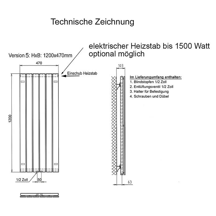 Badheizkörper Mirror - B x H: 470 x 1.200 mm, Nennleistung: 1.458 W, Ohne Handtuchhalter, Spiegel - Technische Zeichnung eines Heizkörpers mit Maßen, optionaler elektrischer Heizstab bis 1500 Watt. Inklusive Zubehör wie Blindstopfen und Schrauben.