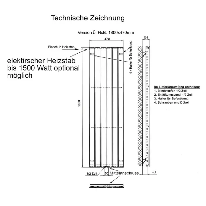 Badheizkörper Manhattan - B x H: 470 x 1.800 mm, Moonstone, 2 x Halter 50mm, Nennleistung: 1.964 W - Technische Zeichnung eines Heizkörpers mit optionalem elektrischen Heizstab bis 1500 Watt, inklusive Zubehör wie Halterungen und Ventile.