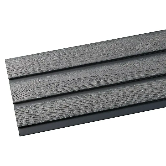 Steckzaun-Element Monza - 177,3 x 14 cm, Anthrazit, 2er Pack WPC-Bohlen für Steckzaunsystem - Nahaufnahme von grauen Holzverkleidungen, die eine moderne und stilvolle Gebäudehülle bilden. Die Verkleidung zeigt eine feine Holzstruktur.