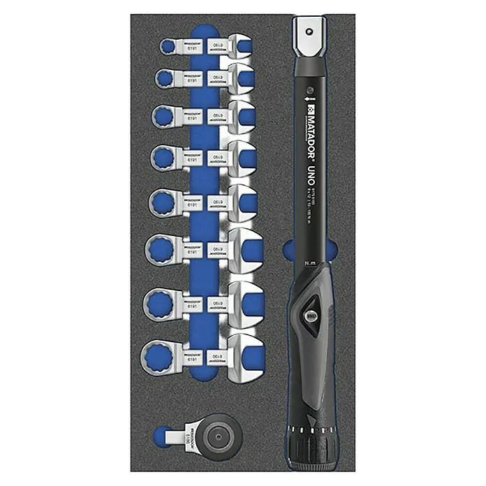 Matador Tool System Drehmomentwerkzeuge-Set - 18 -tlg. - Ein Werkzeugset mit einem Drehmomentschlüssel und verschiedenen Aufsätzen, ideal für präzise Arbeiten.