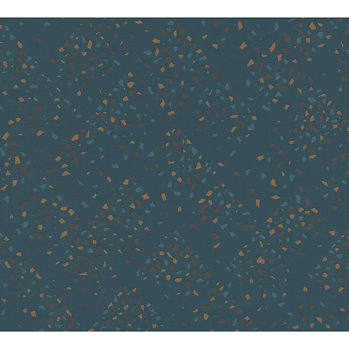 A.S. Création New Walls Vliestapete Grafik - Petrol, Grafisch, 10,05 x 0,53 m - Nahaufnahme eines Musters aus Terrazzo-Material mit kleinen Steinen in Braun- und Blautönen, ideal für moderne Raumgestaltung.