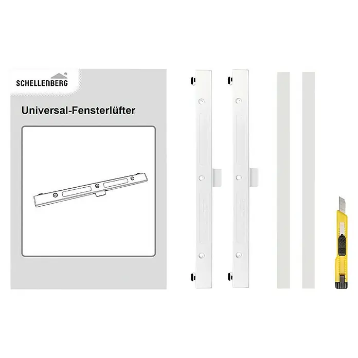 Schellenberg Fensterlüfter Universal Doppelpack - Weiß, 2 Stk. - Produktabbildung eines Schellenberg Universal-Fensterlüfters mit Anleitung, Montageleisten, Dichtungsstreifen und einem Cuttermesser.